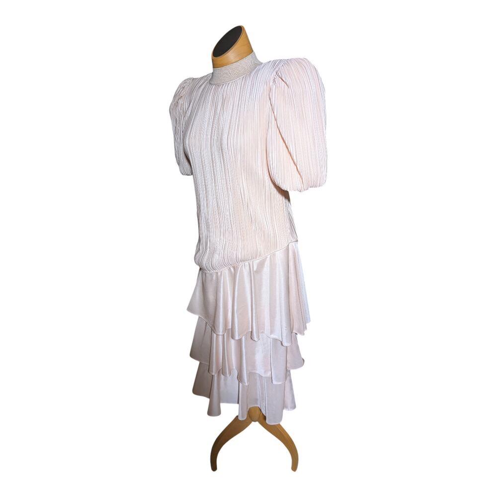 Vtg 1980s Pale Blush Pink Micro Pleat Puff Sleeve Tiered Skirt Midi Dress Sz 4